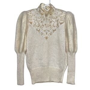 Vintage Lillie Rubin Cream Appliqué Bead And Sequin Long Sleeve Sweater